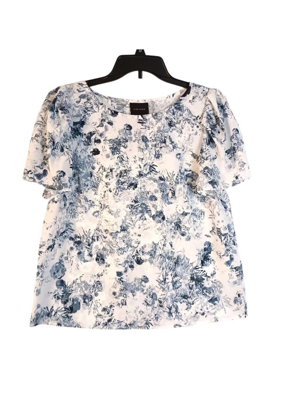 Alex Marie Blue Floral Blouse Womens M Short Sleeve Polyester Top EUC